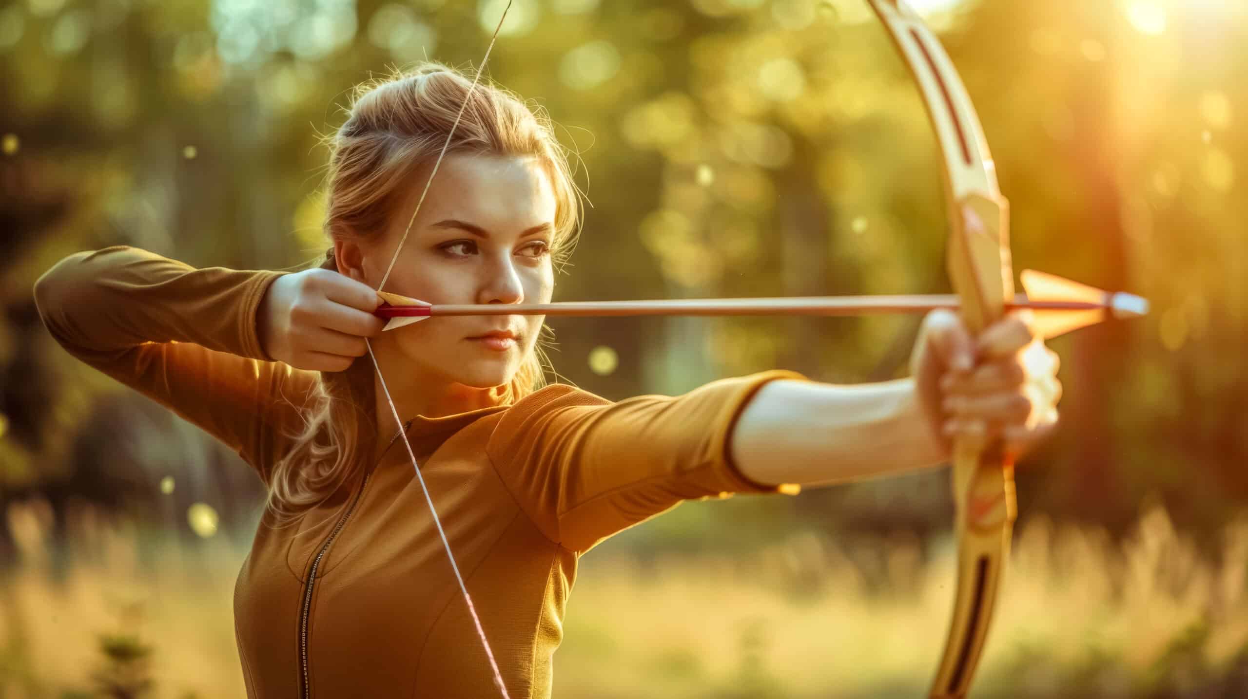 Young woman focusing intently while aiming with a bow and arrow in a sunlit forest setting